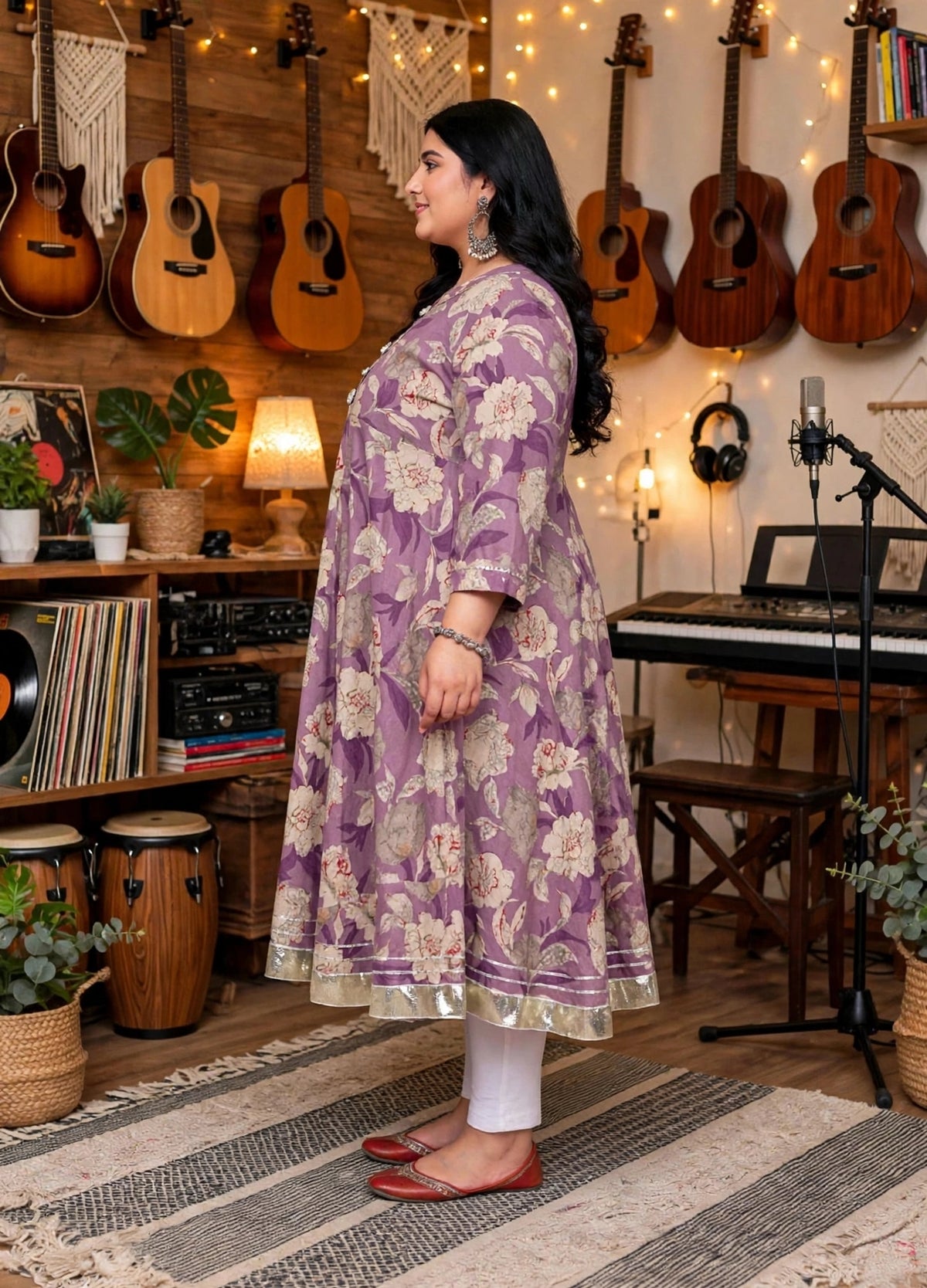 Miravan Womens Plus Size Purple Flower Printed With Beautiful Lace Border Details Anarkali Kurta