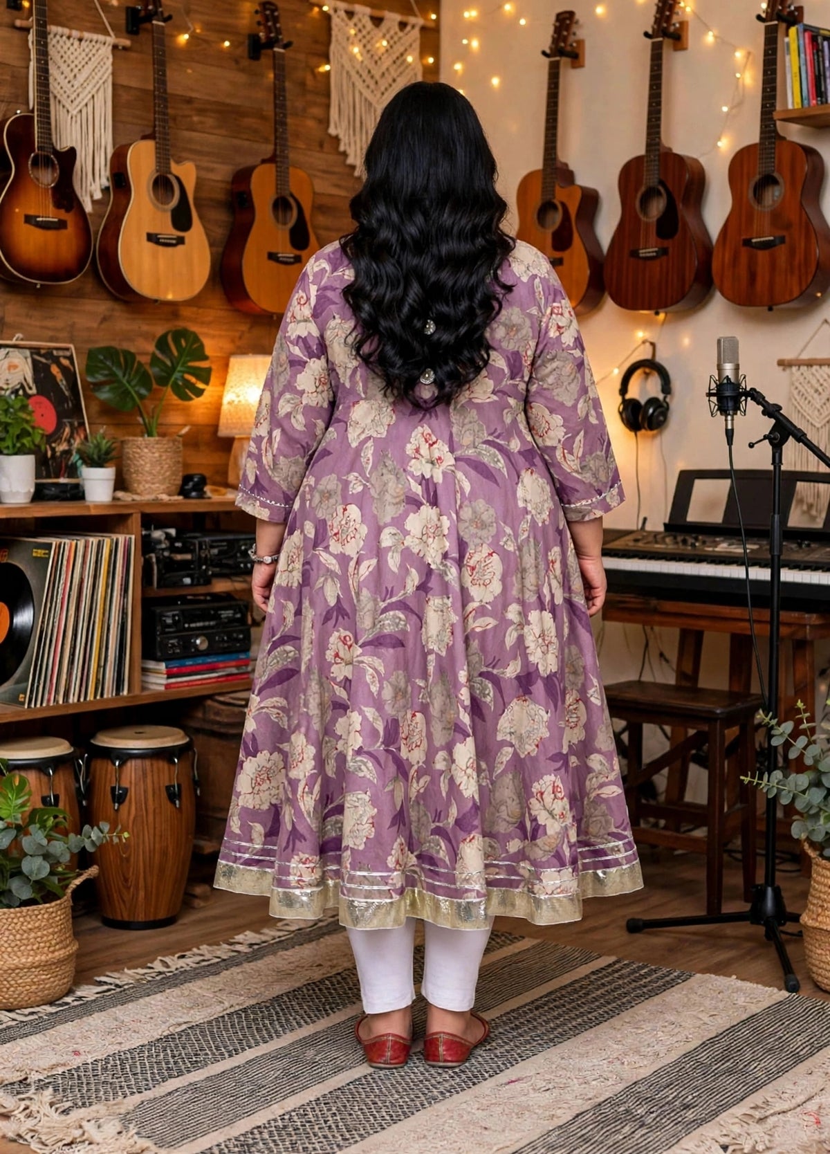 Miravan Womens Plus Size Purple Flower Printed With Beautiful Lace Border Details Anarkali Kurta