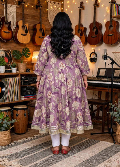 Miravan Womens Plus Size Purple Flower Printed With Beautiful Lace Border Details Anarkali Kurta