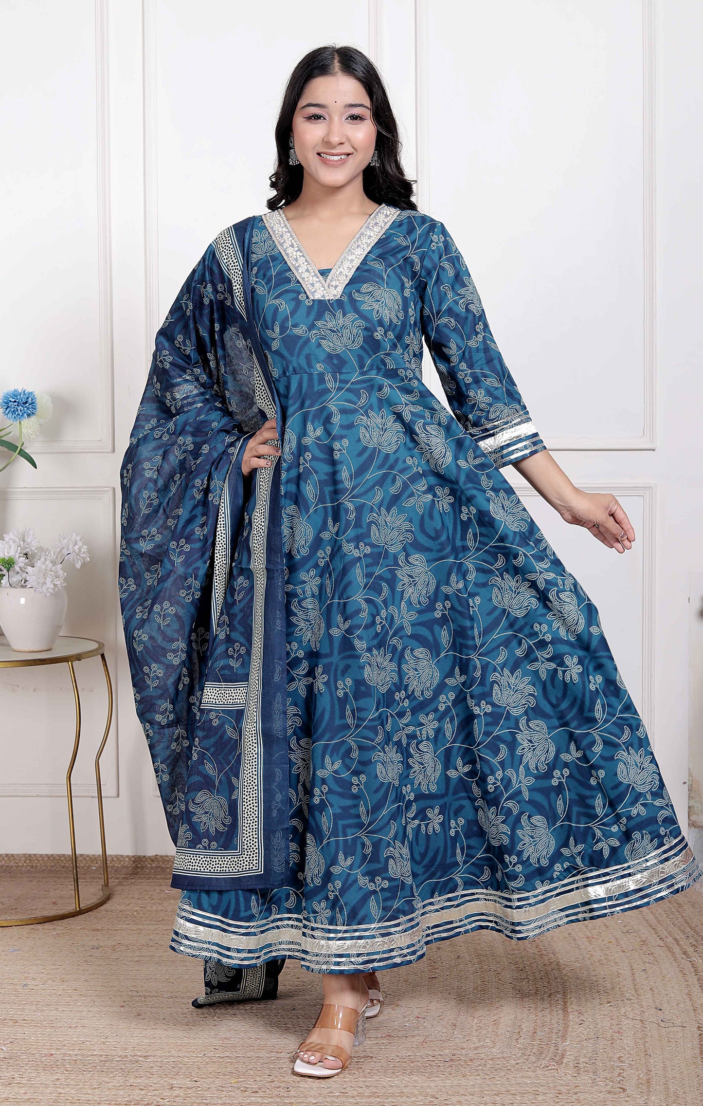 Miravan Women's Jashn Hand Block Printed ethnic anarkali kurta and dupatta