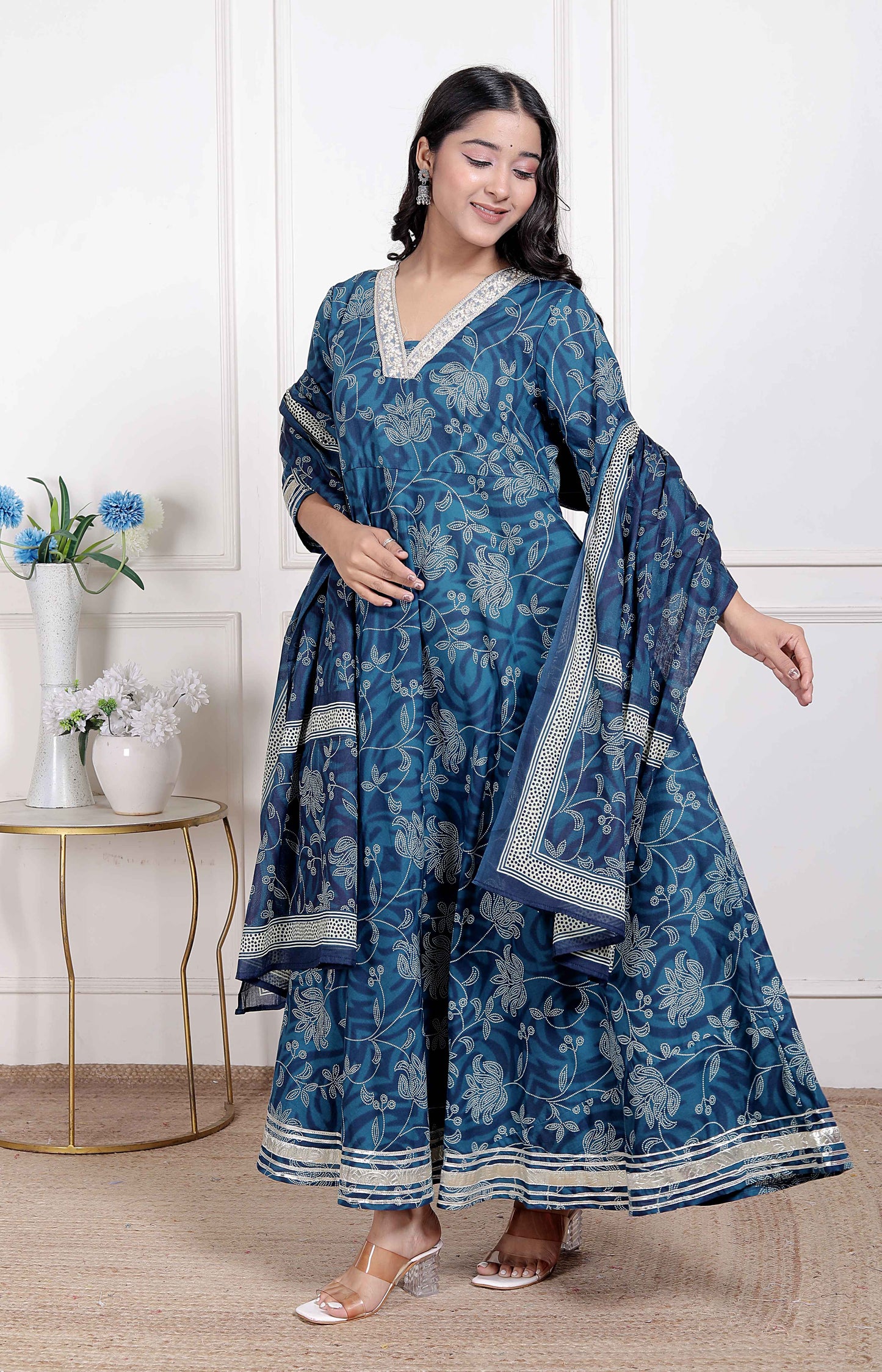 Miravan Women's Jashn Hand Block Printed ethnic anarkali kurta and dupatta