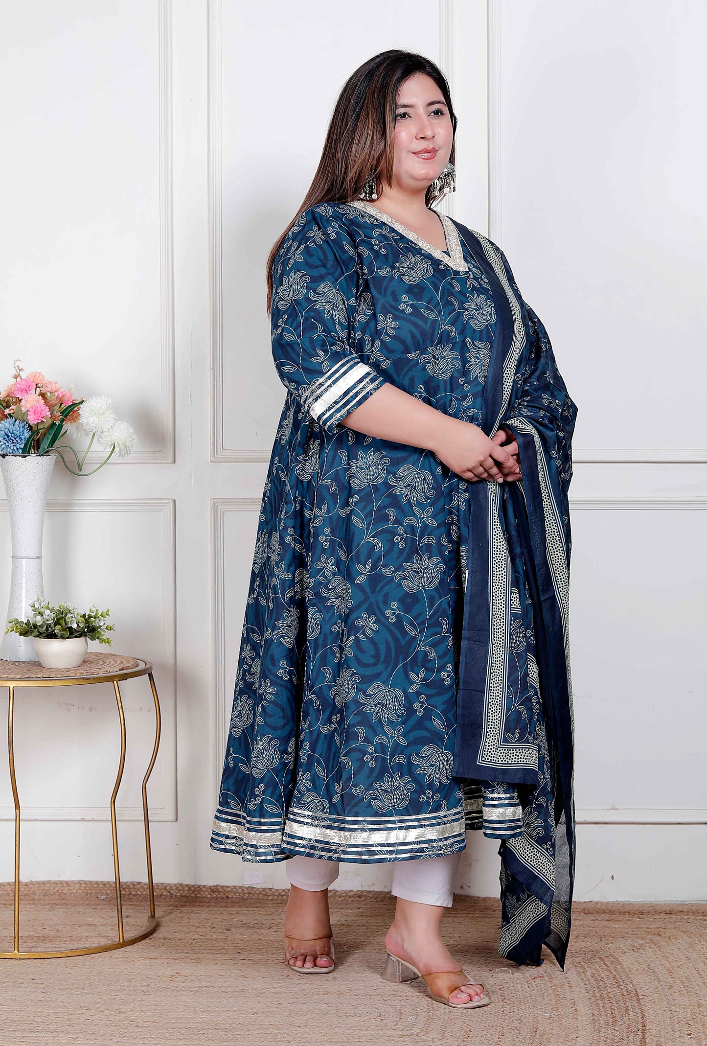 Miravan Plus Size Women's Jashn Hand Block Printed ethnic anarkali kurta and dupatta