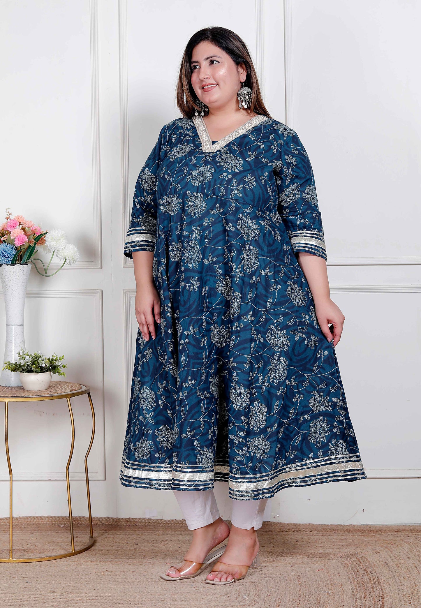 Miravan Plus Size Women's Jashn Hand Block Printed ethnic anarkali kurta and dupatta