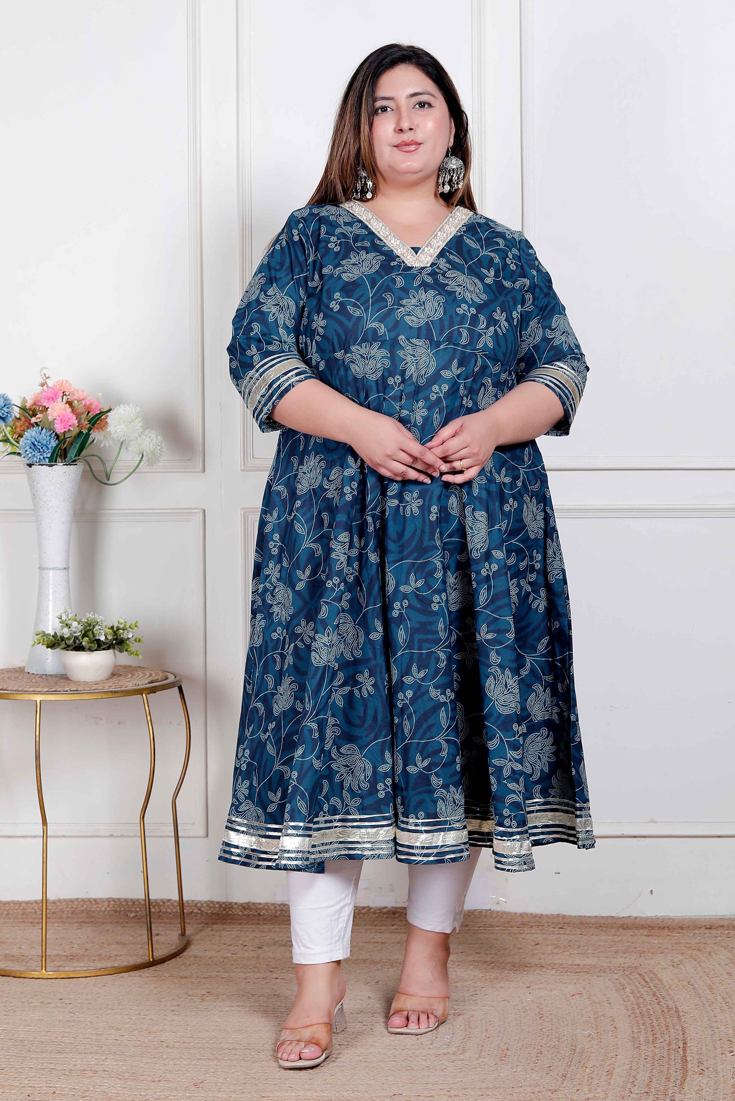 Miravan Plus Size Women's Blue cotton Embroidered Neck Anarkali Kurta