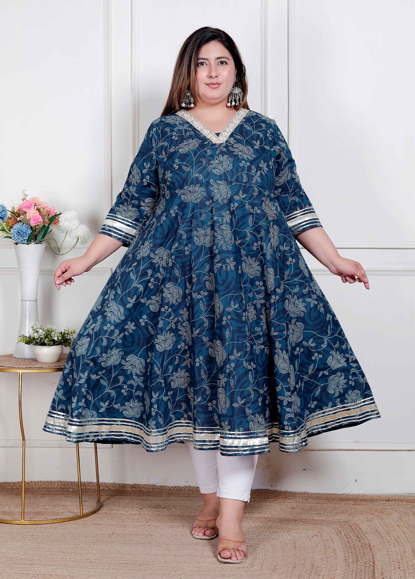 Miravan Plus Size Women's Blue cotton Embroidered Neck Anarkali Kurta