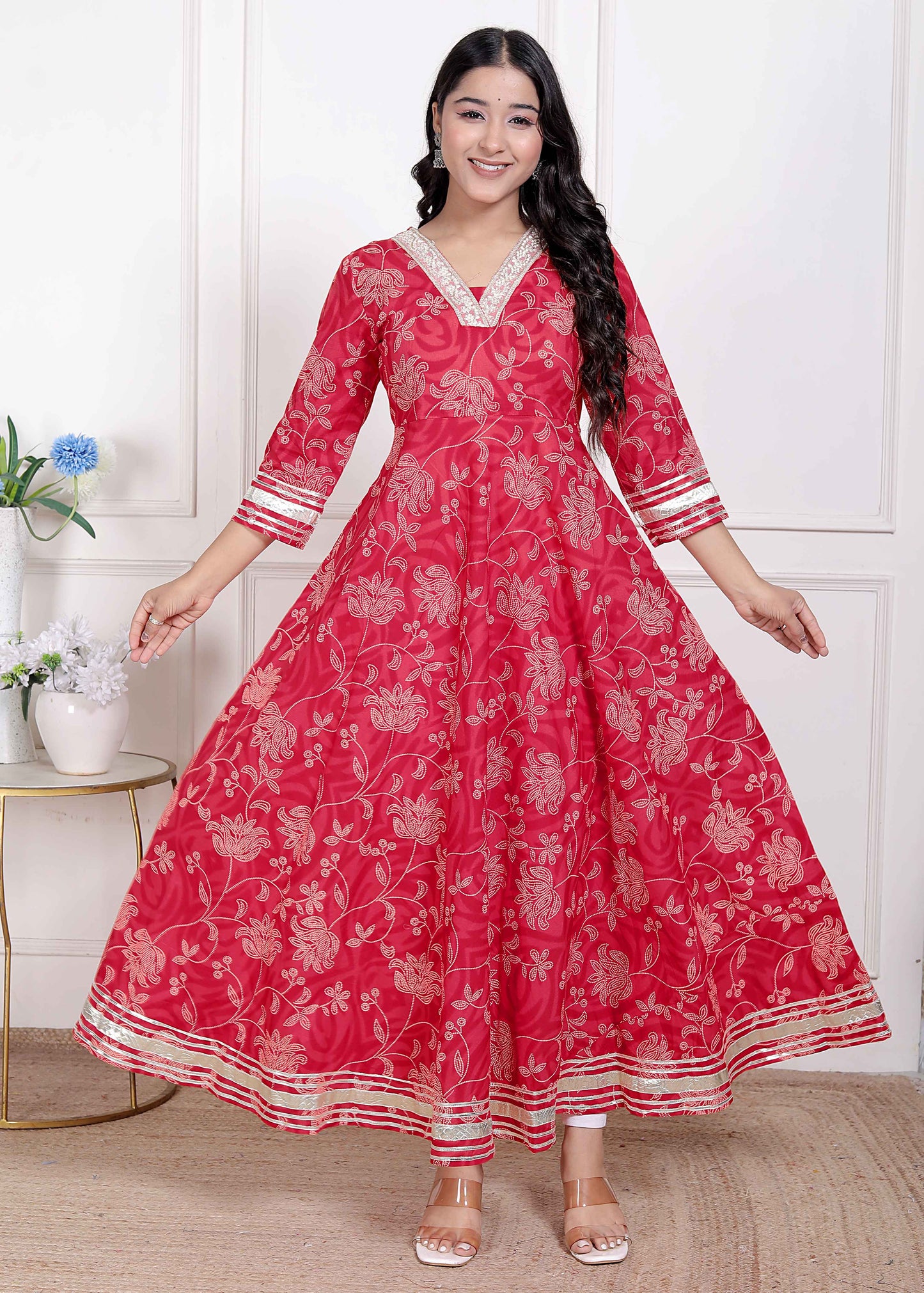 Miravan Women's Red Jaipuri Printed Cotton ethnic Anarkali Kurta
