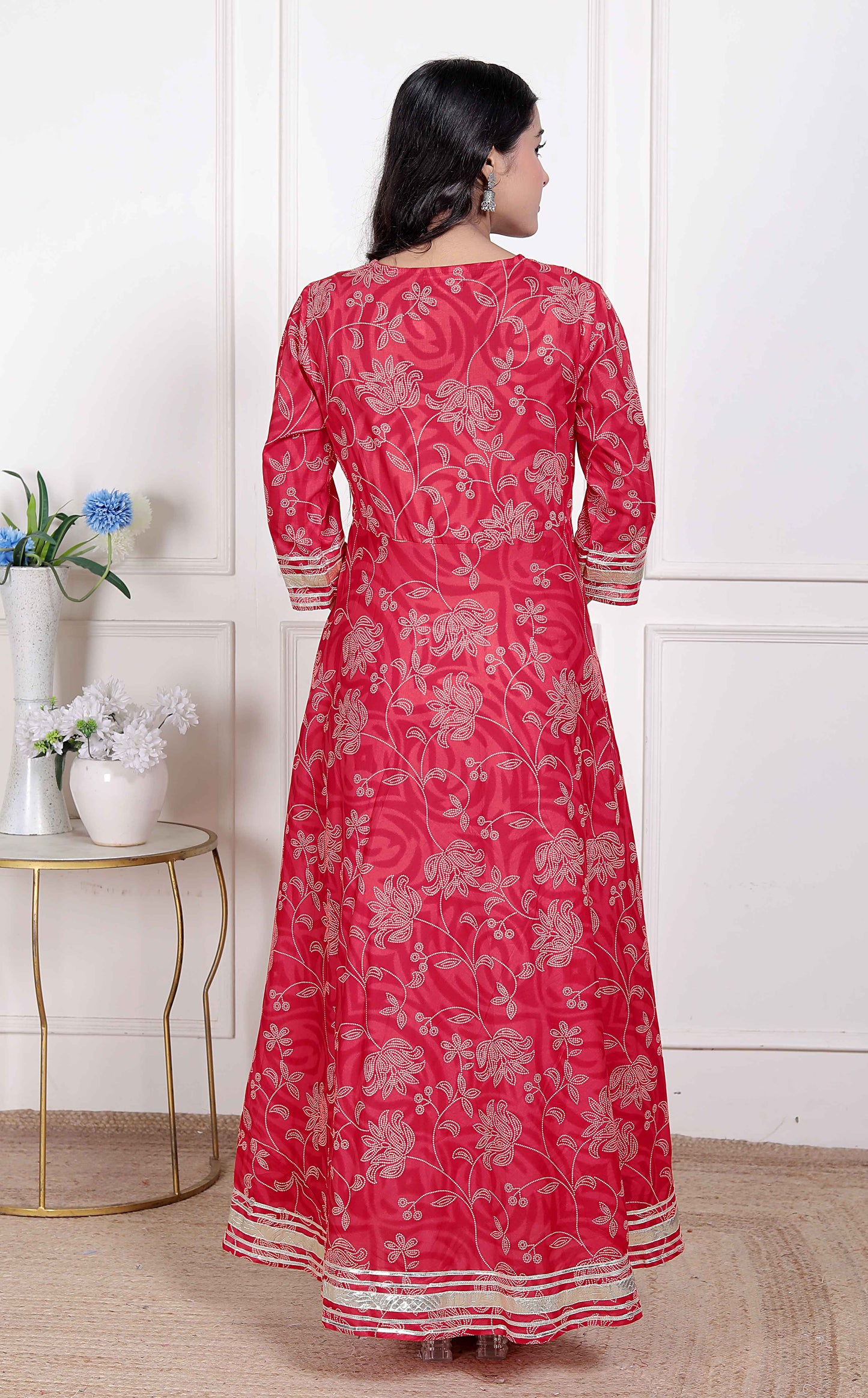 Miravan Women's Red Jaipuri Printed Cotton ethnic Anarkali Kurta