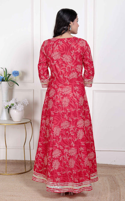 Miravan Women's Red Jaipuri Printed Cotton ethnic Anarkali Kurta