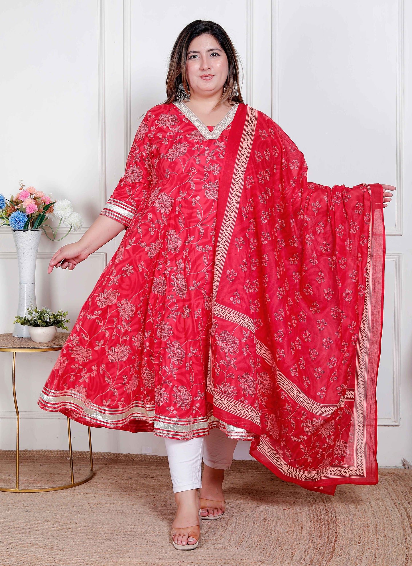 Miravan Plus Size Women's red Embroidered Anarkali Kurta and Dupatta 