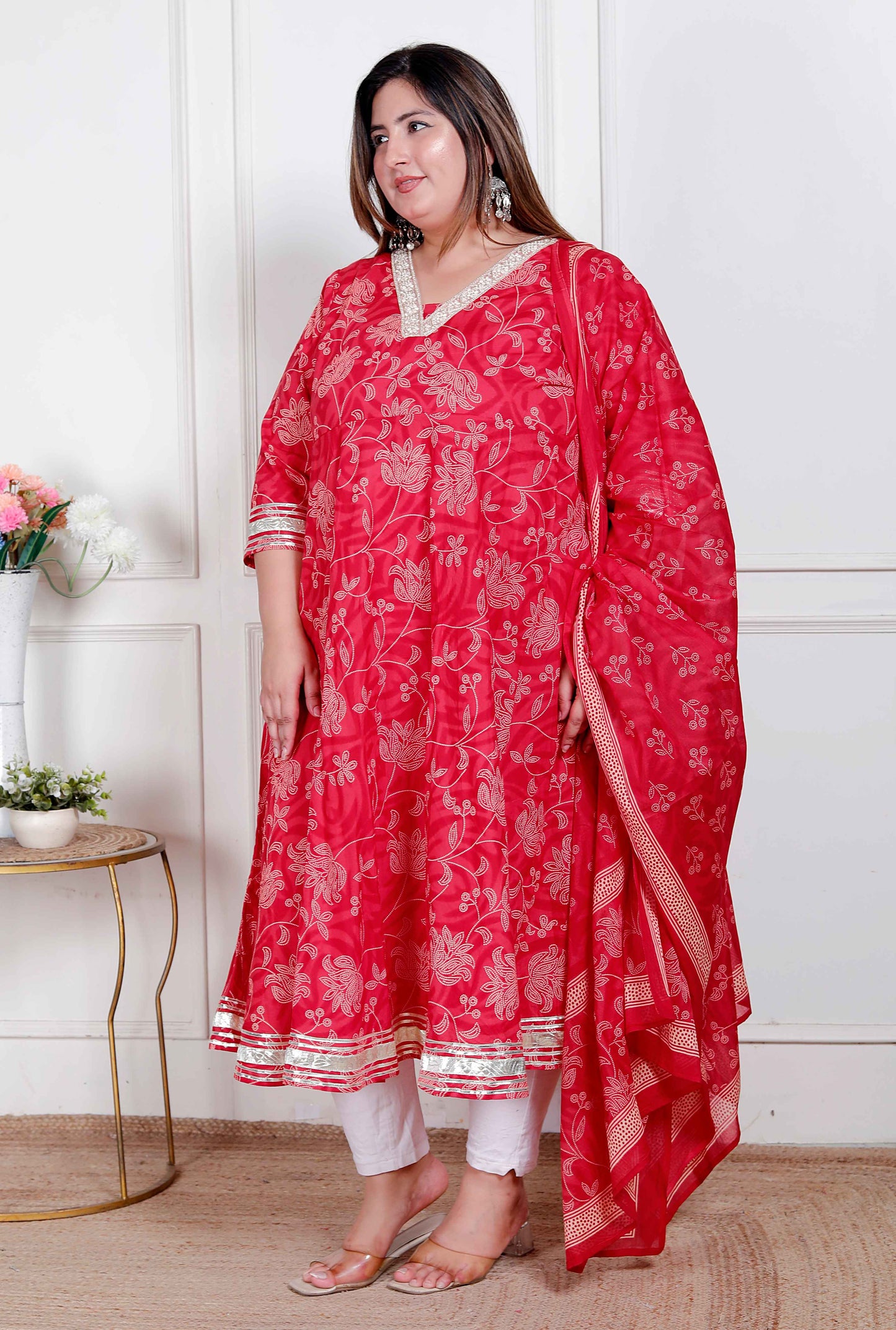 Miravan Plus Size Women's red Embroidered Anarkali Kurta and Dupatta 