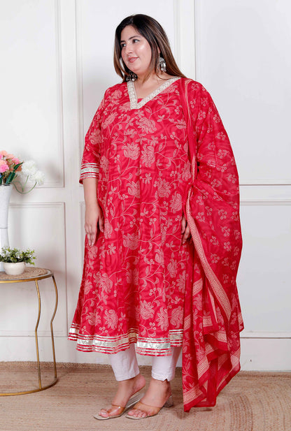 Miravan Plus Size Women's red Embroidered Anarkali Kurta and Dupatta 