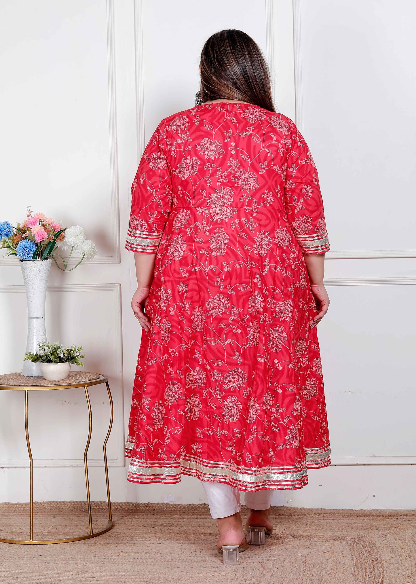 Miravan Plus Size Women's red Embroidered Anarkali Kurta and Dupatta 