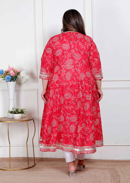 Miravan Plus Size Women's red Embroidered Anarkali Kurta and Dupatta 