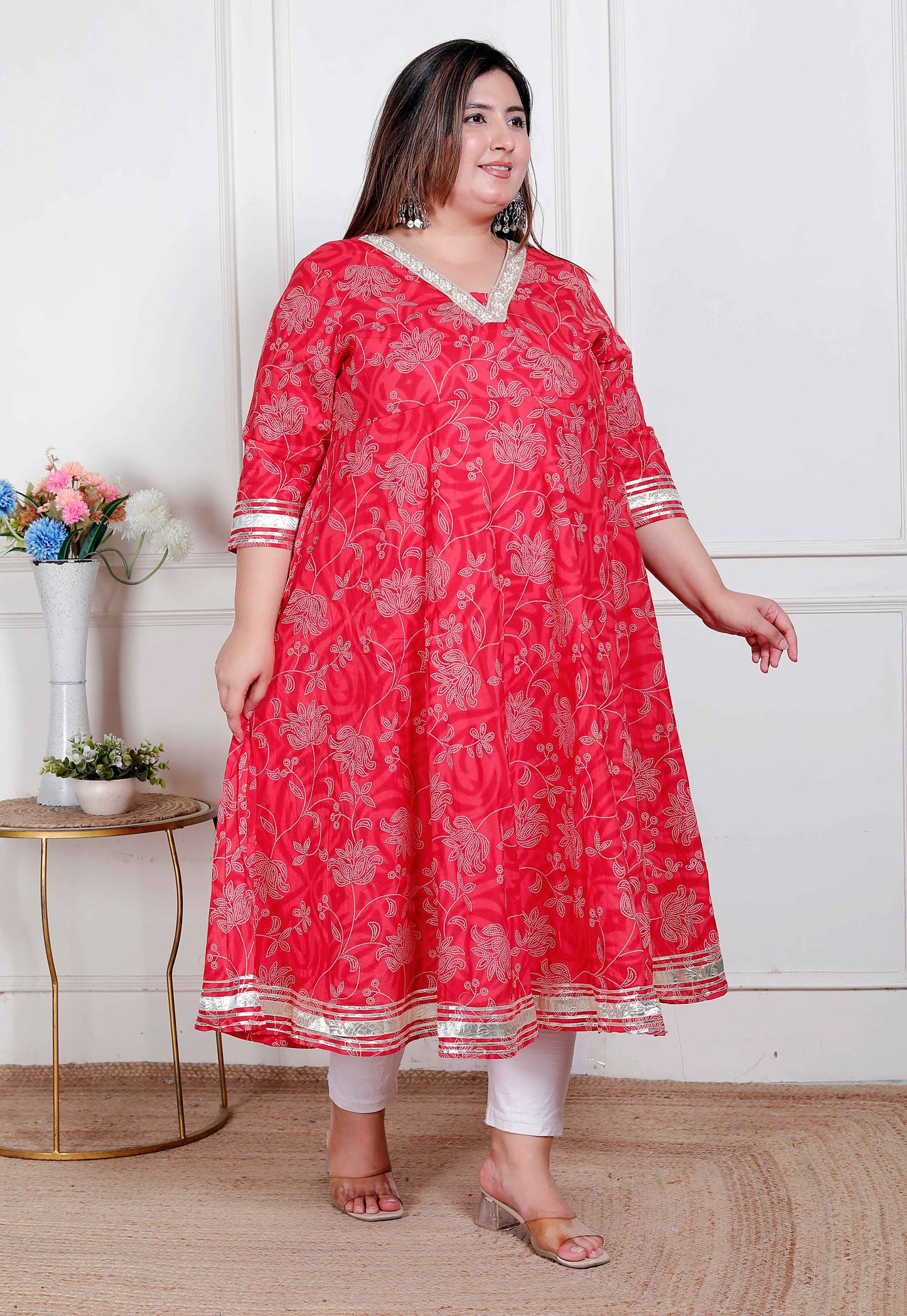 Miravan Plus Size Women's red Embroidered Anarkali Kurta and Dupatta 