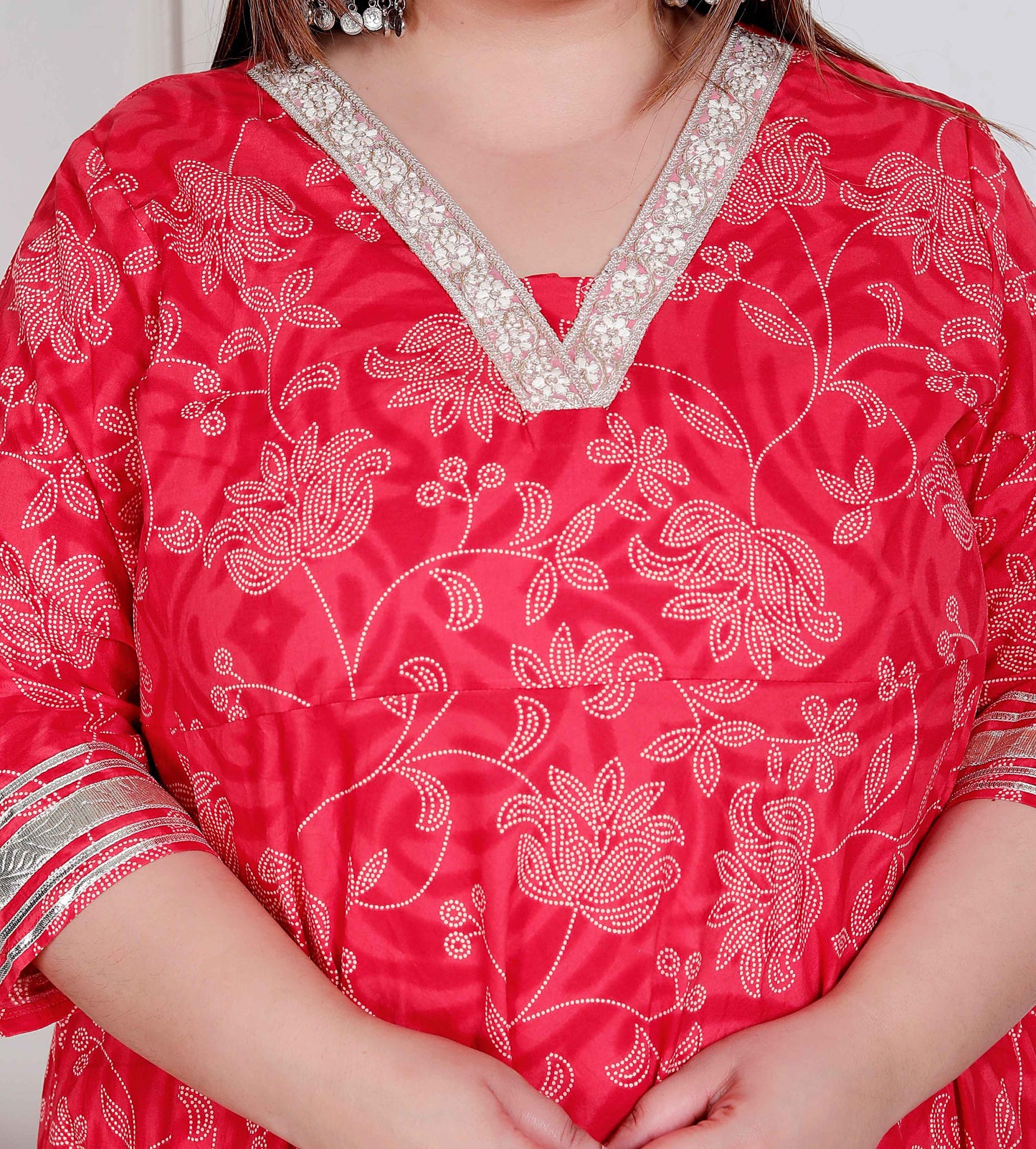 Miravan Plus Size Women's red Embroidered Anarkali Kurta and Dupatta 