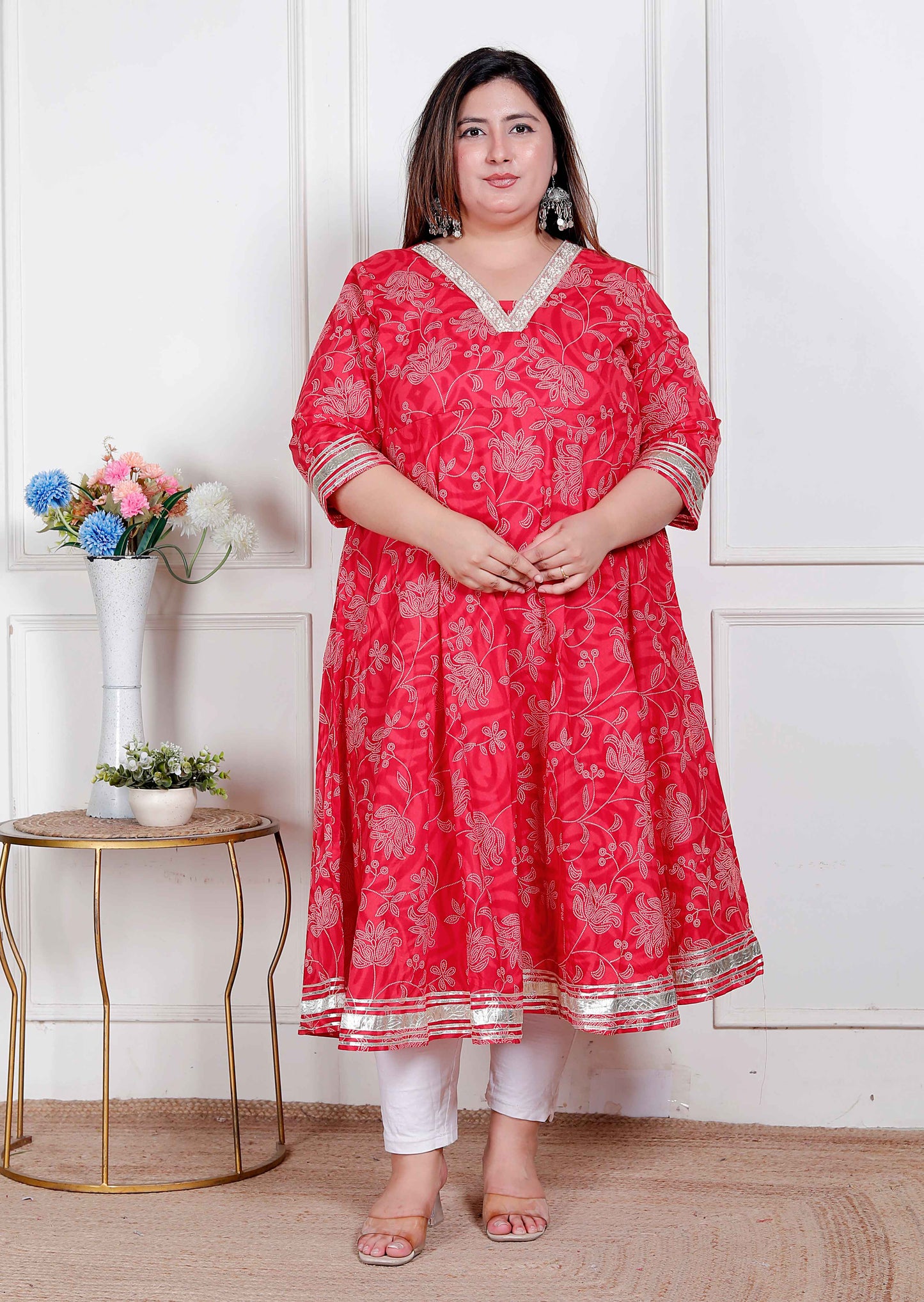 Miravan Plus Size Women's Red Jaipuri Printed Cotton ethnic Anarkali Kurta