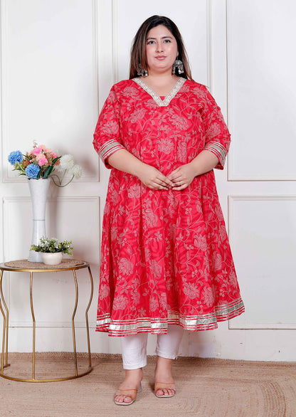 Miravan Plus Size Women's Red Jaipuri Printed Cotton ethnic Anarkali Kurta