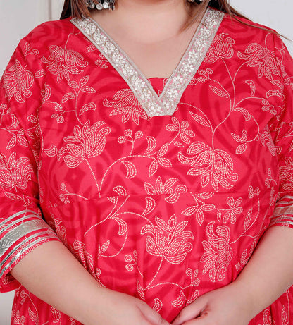 Miravan Plus Size Women's Red Jaipuri Printed Cotton ethnic Anarkali Kurta