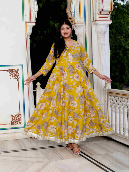 Women's Cotton Gotapatti And Lace Border Details Floral Printed Yellow Anarkali Kurta - Miravan