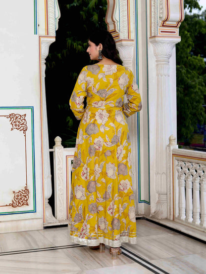 Women's Cotton Gotapatti And Lace Border Yellow Anarkali Kurta And Dupatta Set - Miravan