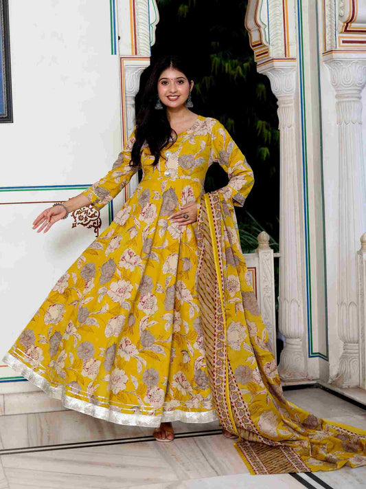 Women's Cotton Gotapatti And Lace Border Yellow Anarkali Kurta And Dupatta Set - Miravan