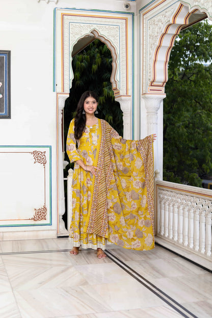 Women's Cotton Gotapatti And Lace Border Yellow Anarkali Kurta And Dupatta Set - Miravan