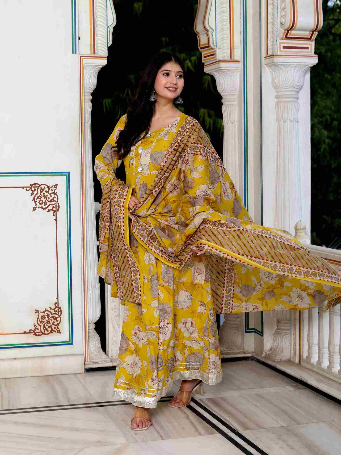 Women's Cotton Gotapatti And Lace Border Yellow Anarkali Kurta And Dupatta Set - Miravan