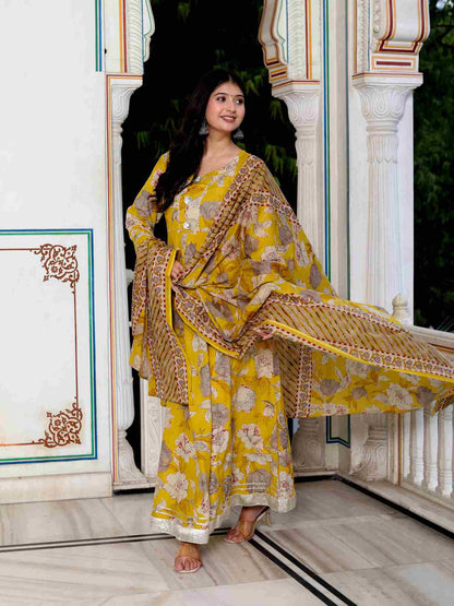 Women's Cotton Gotapatti And Lace Border Yellow Anarkali Kurta And Dupatta Set - Miravan