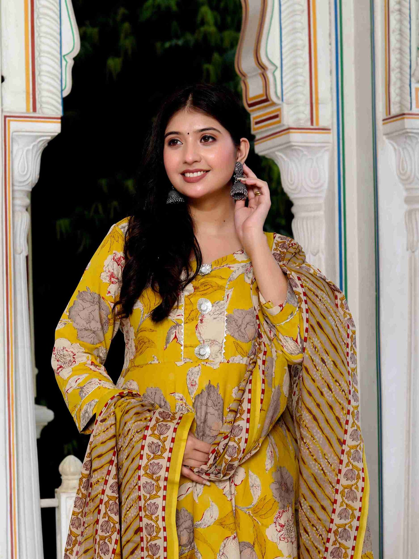 Women's Cotton Gotapatti And Lace Border Yellow Anarkali Kurta And Dupatta Set - Miravan