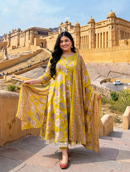 Miravan Womens Plus Size Cotton Gotapatti Floral Printed Yellow Anarkali Kurta And Dupatta Set