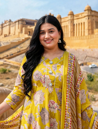 Miravan Womens Plus Size Cotton Gotapatti Floral Printed Yellow Anarkali Kurta And Dupatta Set