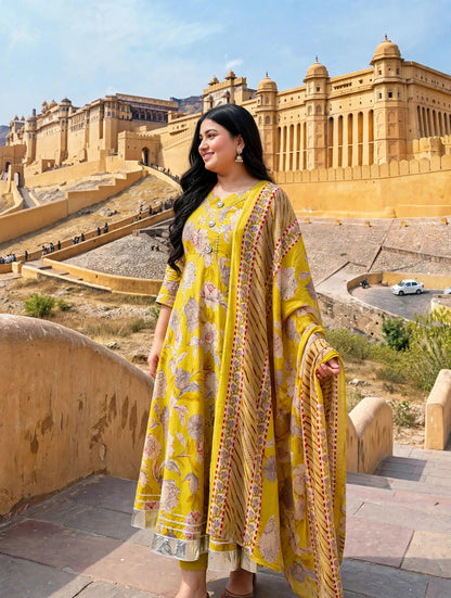 Miravan Womens Plus Size Cotton Gotapatti Floral Printed Yellow Anarkali Kurta And Dupatta Set