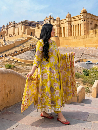 Miravan Womens Plus Size Cotton Gotapatti Floral Printed Yellow Anarkali Kurta And Dupatta Set