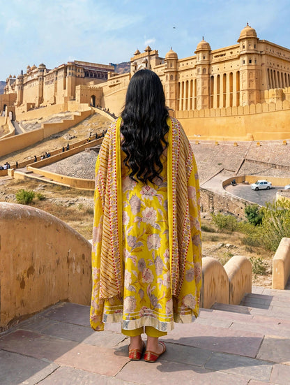 Miravan Womens Plus Size Cotton Gotapatti Floral Printed Yellow Anarkali Kurta And Dupatta Set