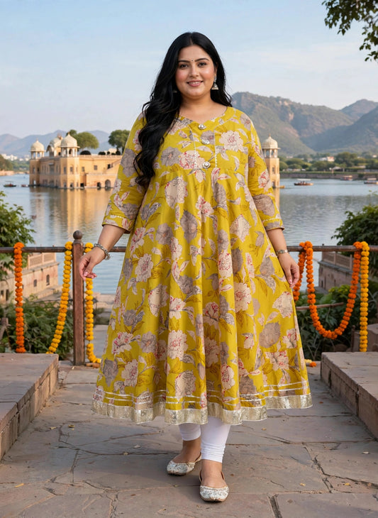 Miravan  Womens Plus Size Cotton Gotapatti Lace Border Details Printed Yellow Anarkali Kurta