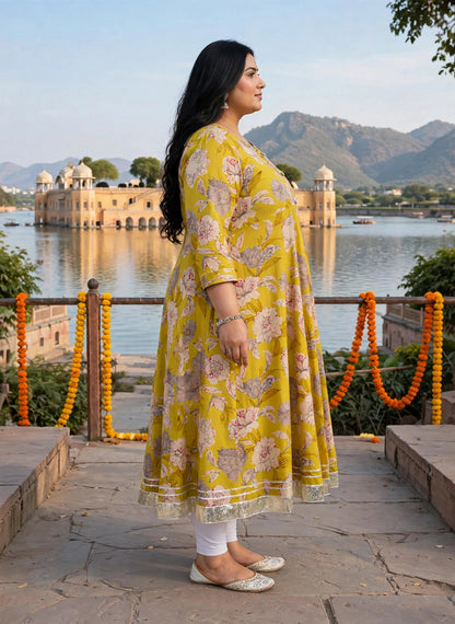 Miravan  Womens Plus Size Cotton Gotapatti Lace Border Details Printed Yellow Anarkali Kurta