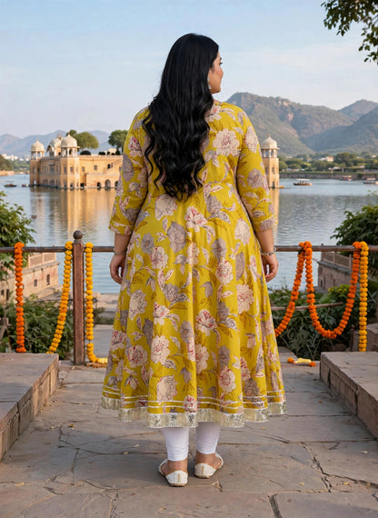 Miravan  Womens Plus Size Cotton Gotapatti Lace Border Details Printed Yellow Anarkali Kurta