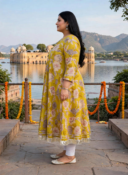 Miravan  Womens Plus Size Cotton Gotapatti Lace Border Details Printed Yellow Anarkali Kurta