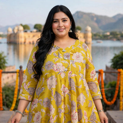Miravan  Womens Plus Size Cotton Gotapatti Lace Border Details Printed Yellow Anarkali Kurta