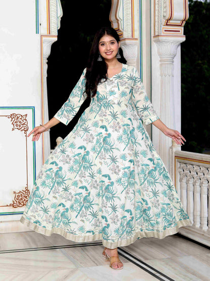 Women's Light Green Cotton Gotapatti And Lace Border Birds And Leaf Anarkali Kurta - Miravan
