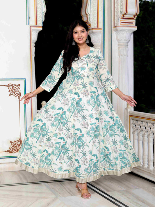 Women's Light Green Cotton Gotapatti And Lace Border Birds And Leaf Anarkali Kurta - Miravan