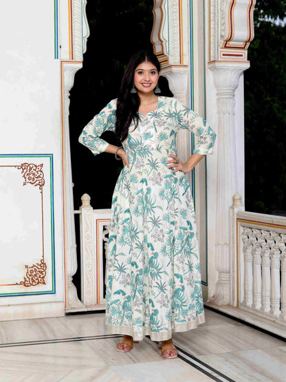 Women's Light Green Cotton Gotapatti And Lace Border Birds And Leaf Anarkali Kurta - Miravan
