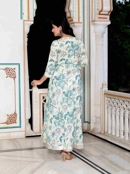 Women's Light Green Birds And Leaf Floral Printed Anarkali Kurta And Dupatta Set - Miravan