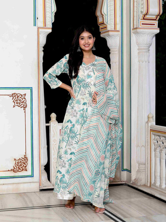 Women's Light Green Birds And Leaf Floral Printed Anarkali Kurta And Dupatta Set - Miravan