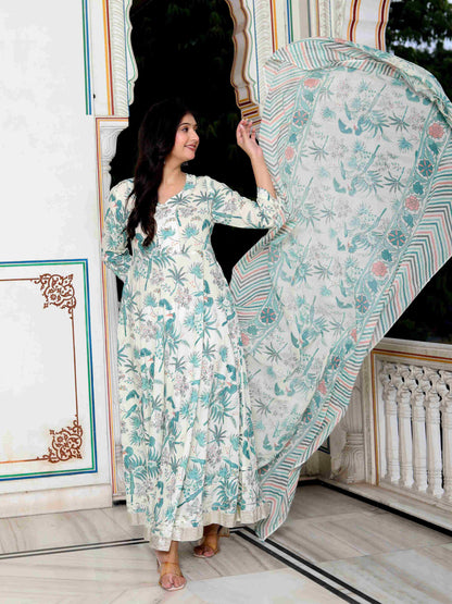 Women's Light Green Birds And Leaf Floral Printed Anarkali Kurta And Dupatta Set - Miravan