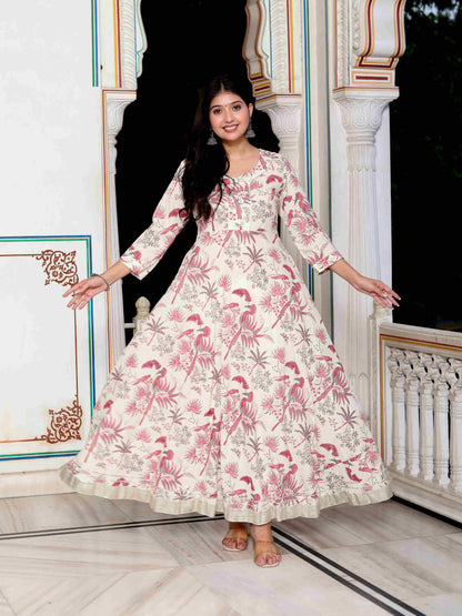 Women's Light Pink Cotton Gotapatti Birds And Leaf Floral Printed Anarkali Kurta - Miravan