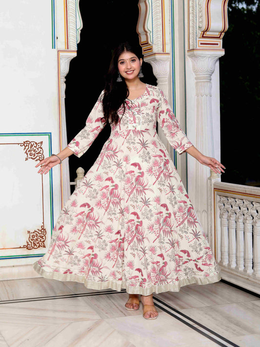 Women's Light Pink Cotton Gotapatti Birds And Leaf Floral Printed Anarkali Kurta - Miravan