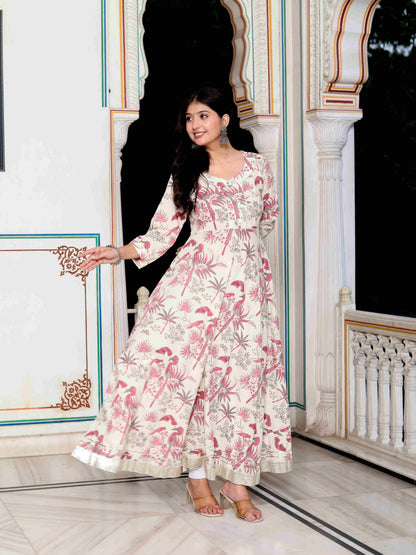 Women's Light Pink Cotton Gotapatti Birds And Leaf Floral Printed Anarkali Kurta - Miravan