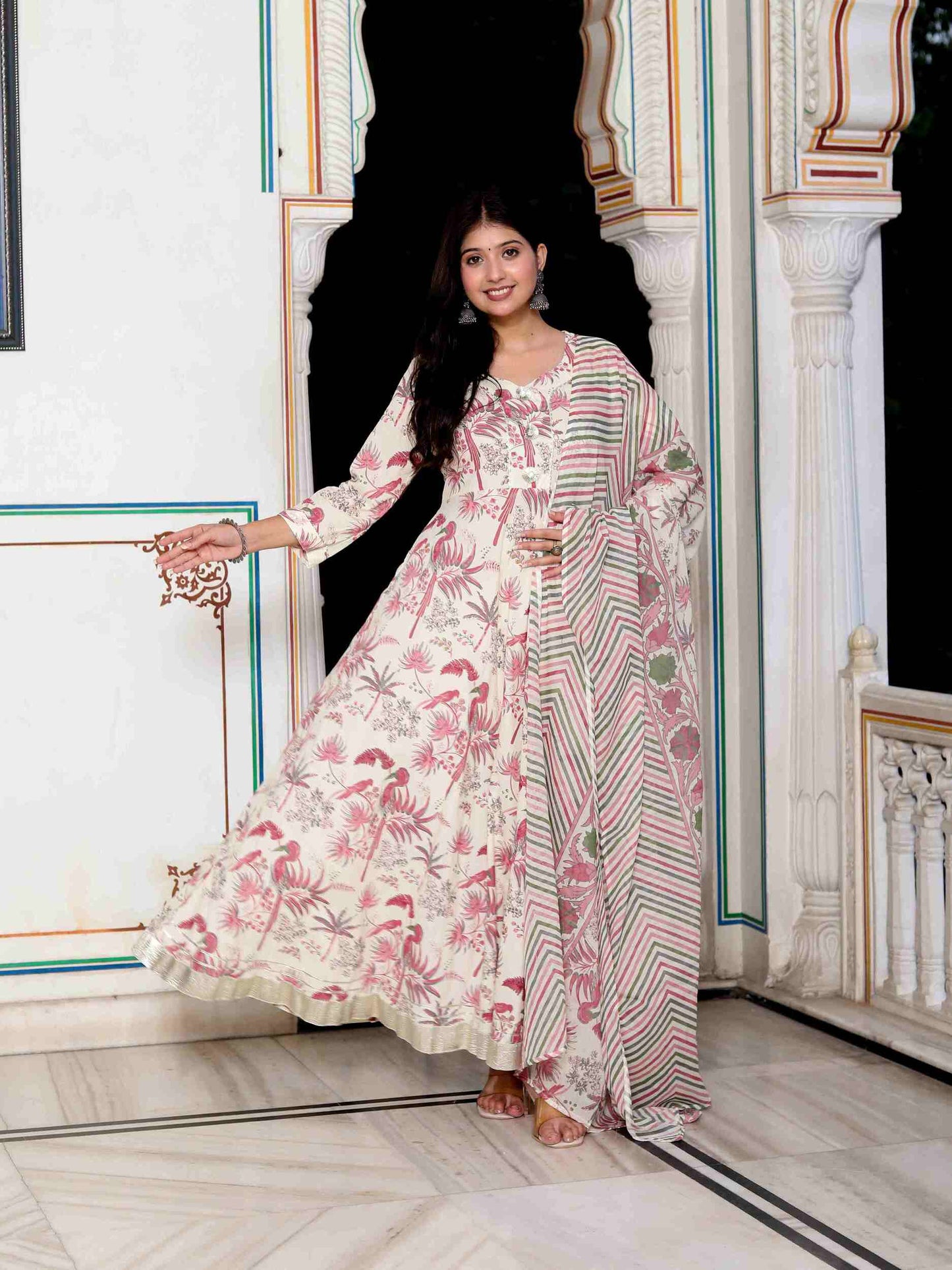 Women's Light Pink Cotton Birds And Leaf Floral Printed Anarkali Kurta And Dupatta Set - Miravan