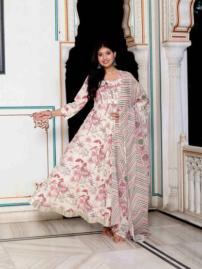 Women's Light Pink Cotton Birds And Leaf Floral Printed Anarkali Kurta And Dupatta Set - Miravan